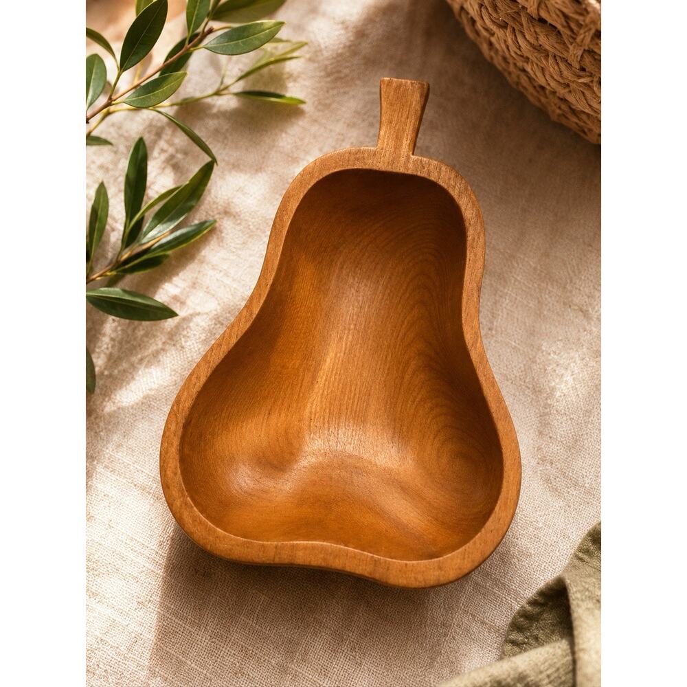 Wood Pear Shaped Trinket Dish Catchall Bowl Carved Farmhouse Decor 6”